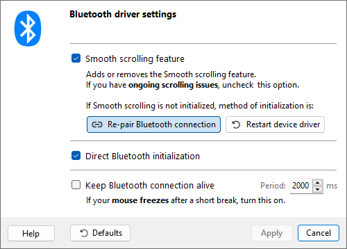 Bluetooth driver settings